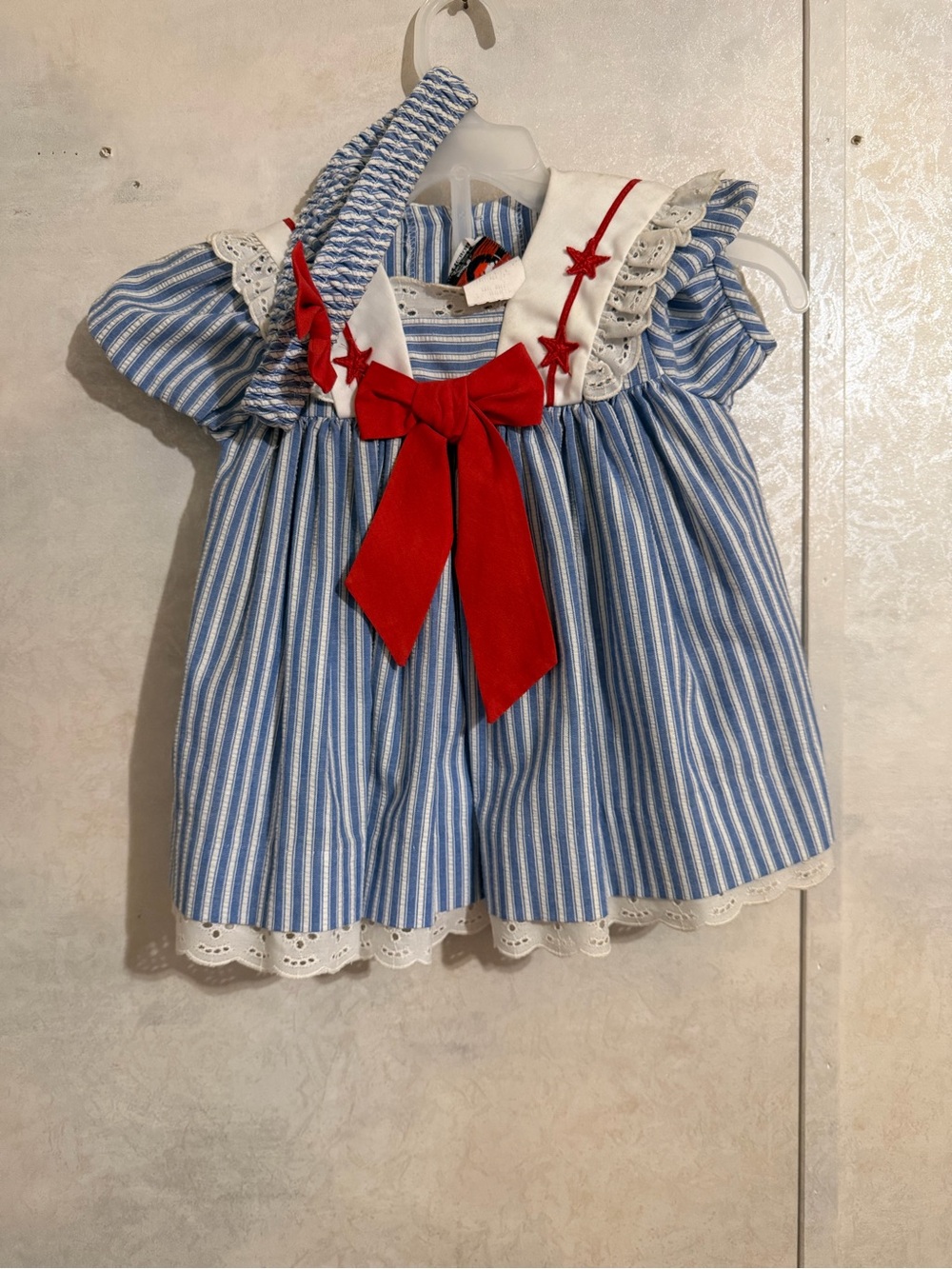 Vintage Y2K Good Lad Blue and White Striped Baby Dress with Red Accent